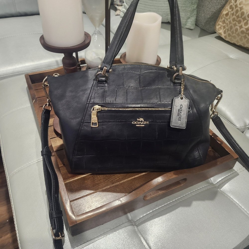 Coach Black Croc-Patterned Satchel with Gold Accents
